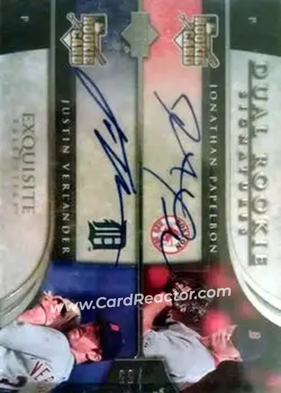 2006 Upper Deck Exquisite Collection #53 - Jonathan Papelbon - Justin Verlander DRS, AU, SN55, EXCH - Boston Red Sox - Detroit Tigers - Front 2006 Upper Deck Exquisite Collection #53 - Jonathan Papelbon - Justin Verlander DRS, AU, SN55, EXCH - Boston Red Sox - Detroit Tigers - Front