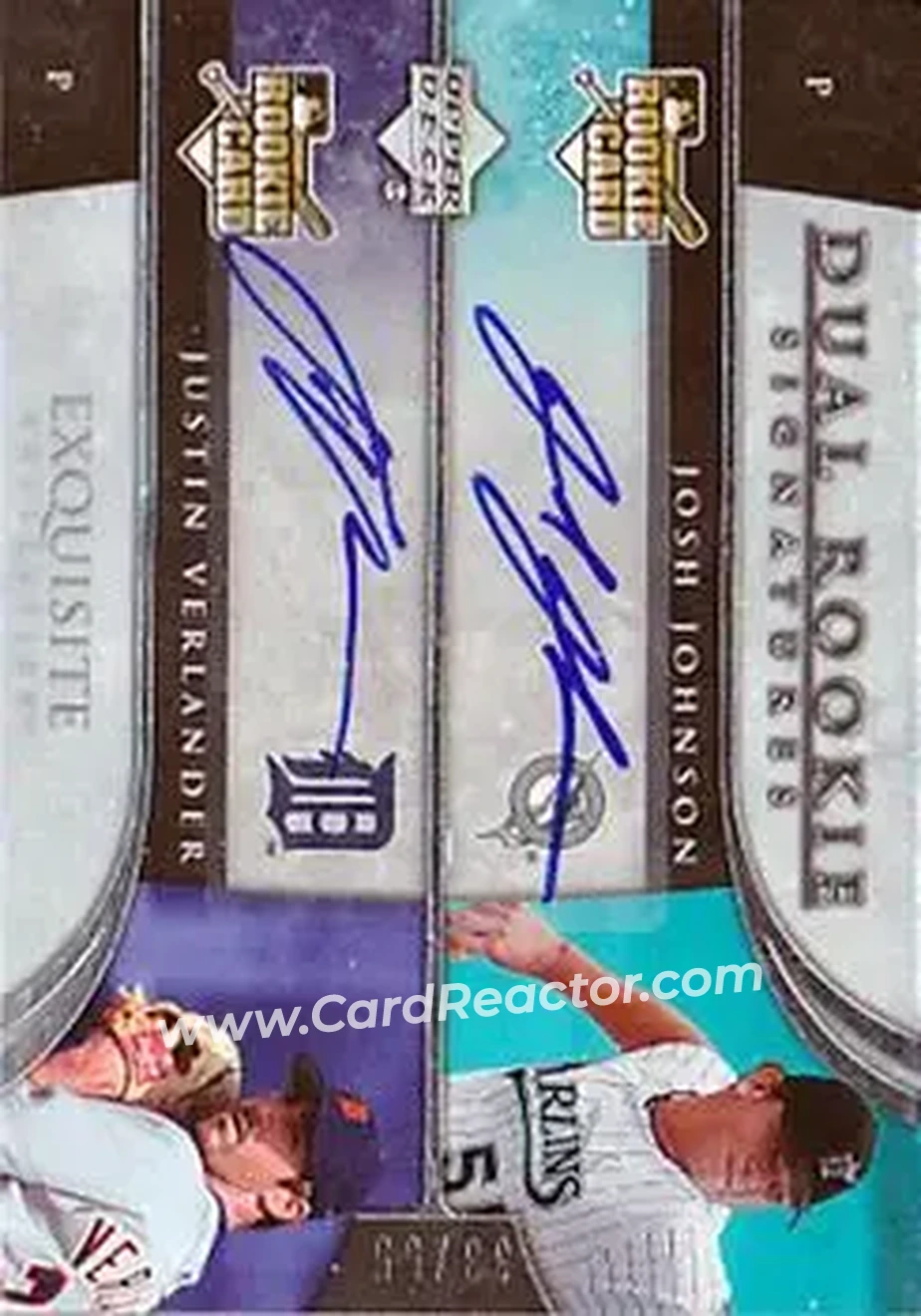 2006 Upper Deck Exquisite Collection #59 - Josh Johnson - Justin Verlander DRS, AU, SN55, EXCH - Florida Marlins - Detroit Tigers - Front