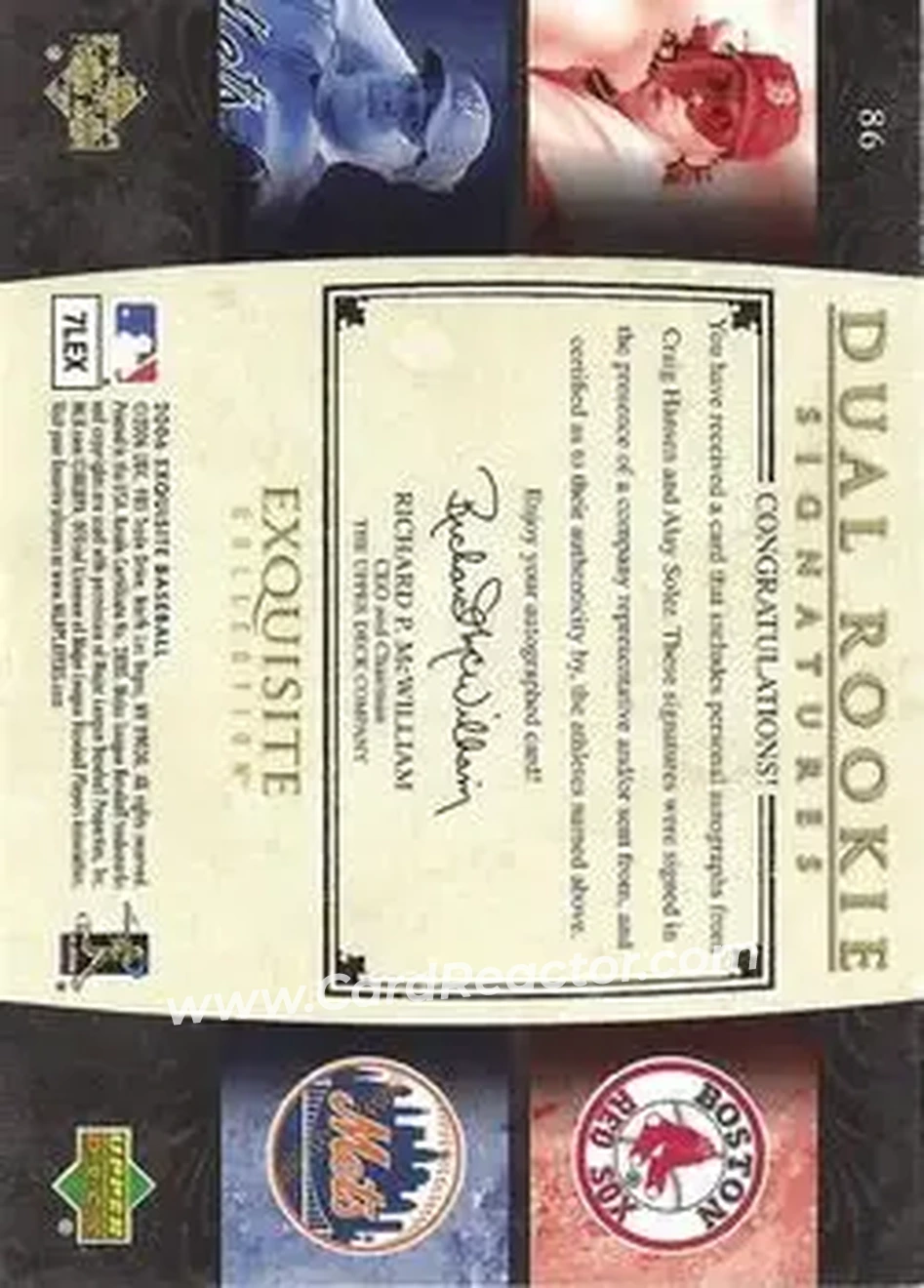 2006 Upper Deck Exquisite Collection #86 - Craig Hansen - Alay Soler DRS, AU, RC, SN55, EXCH - New York Mets - Boston Red Sox - Back