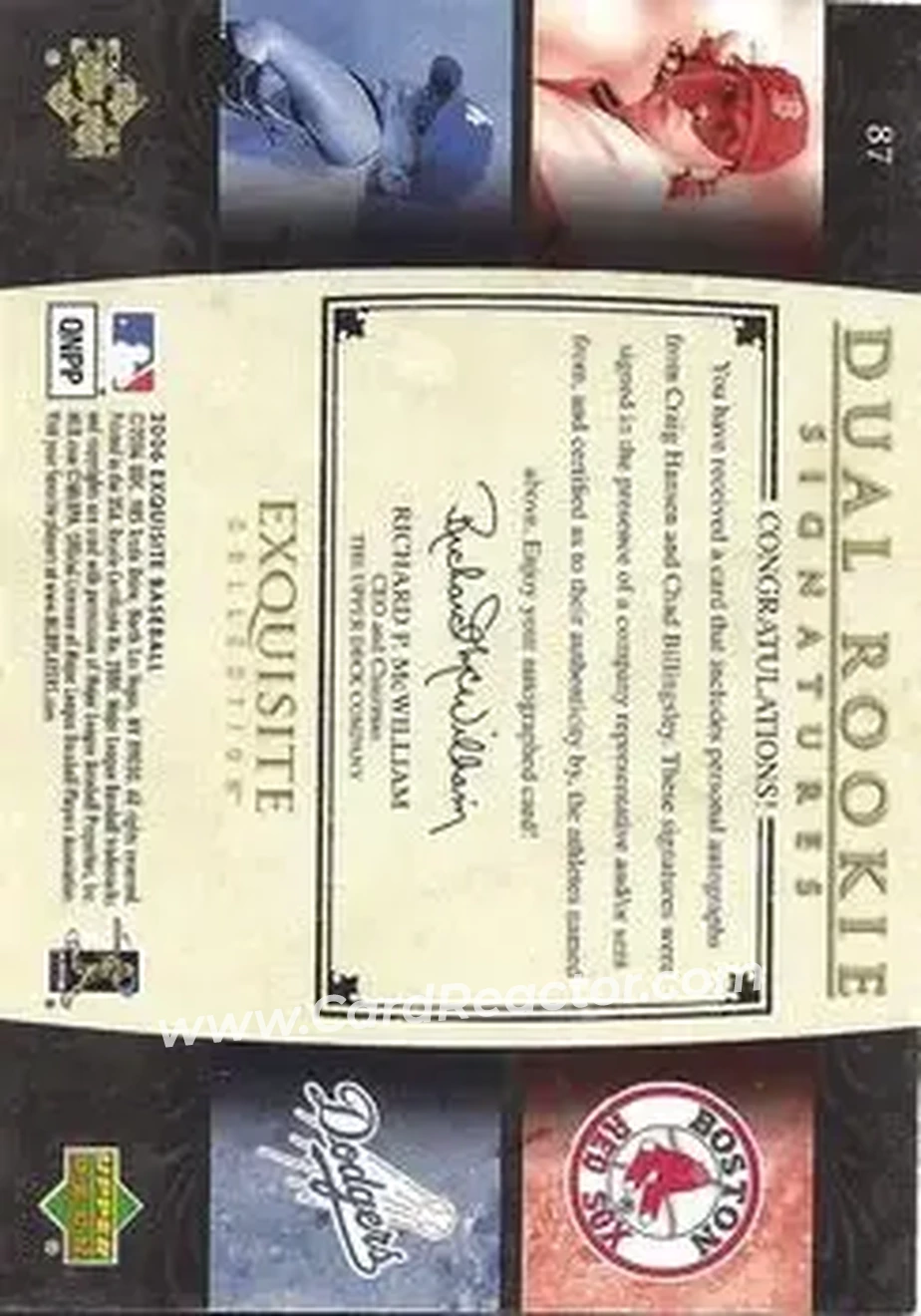 2006 Upper Deck Exquisite Collection #87 - Craig Hansen - Chad Billingsley DRS, AU, RC, SN55, EXCH - Boston Red Sox - Los Angeles Dodgers - Back