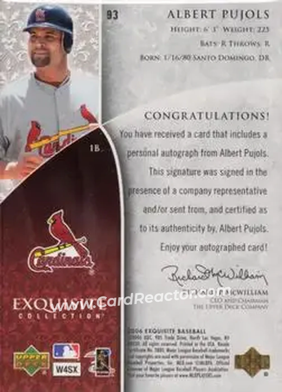 2006 Upper Deck Exquisite Collection #93 - Albert Pujols - St. Louis Cardinals - Back