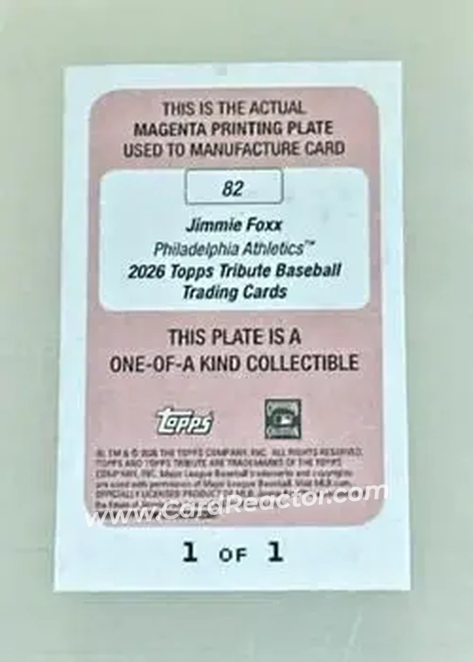 2026 Topps Tribute - Printing Plate Magenta #82 - Jimmie Foxx - Philadelphia Athletics - Back 2026 Topps Tribute - Printing Plate Magenta #82 - Jimmie Foxx - Philadelphia Athletics - Back