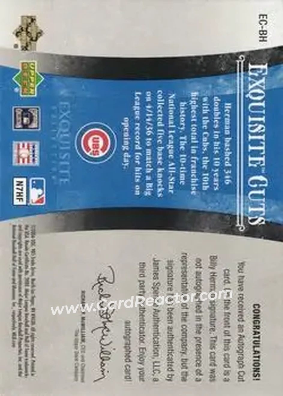 2006 Upper Deck Exquisite Collection - Exquisite Cuts #EC-BH - Billy Herman - Chicago Cubs - Back 2006 Upper Deck Exquisite Collection - Exquisite Cuts #EC-BH - Billy Herman - Chicago Cubs - Back