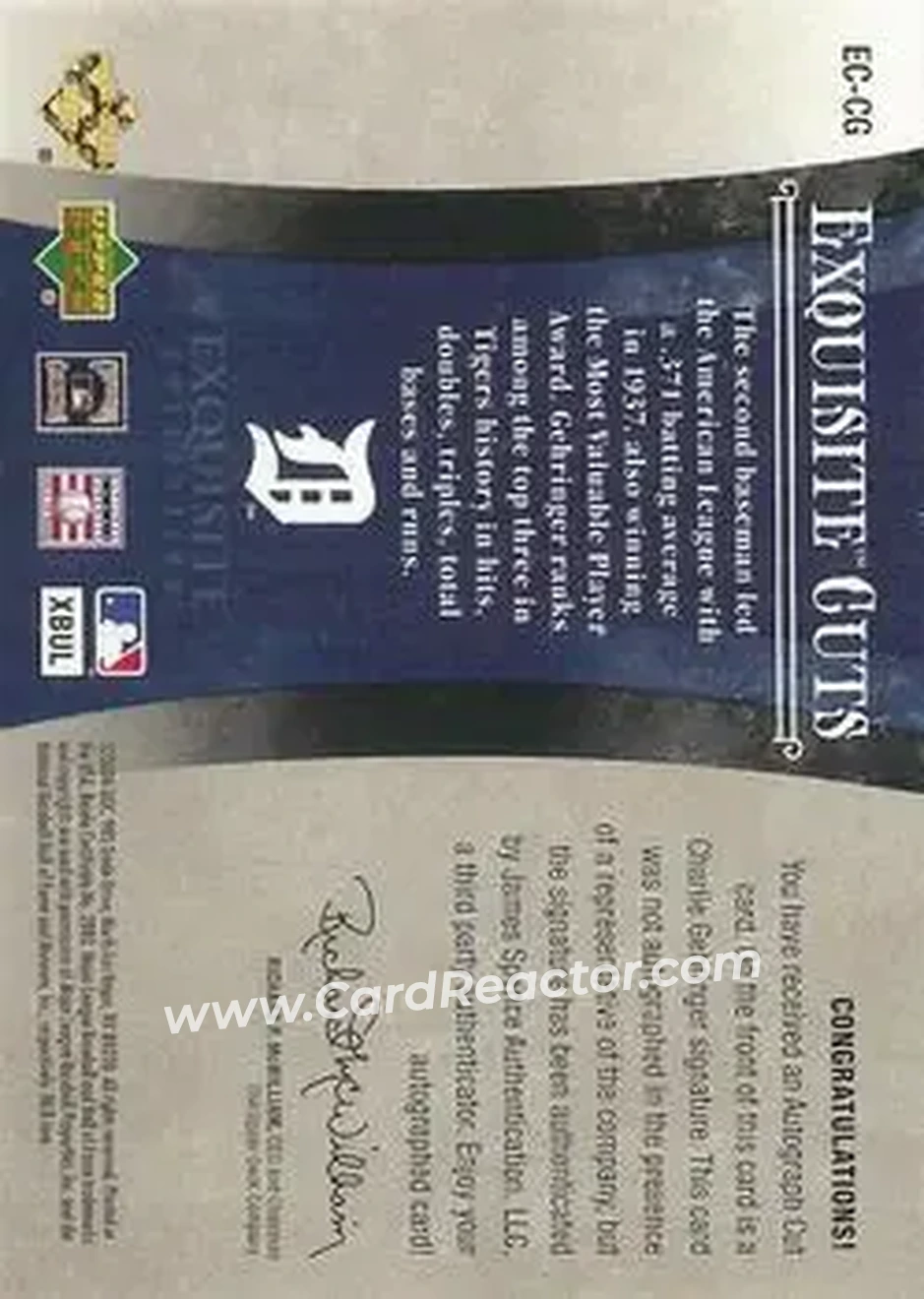 2006 Upper Deck Exquisite Collection - Exquisite Cuts #EC-CG - Charlie Gehringer - Detroit Tigers - Back