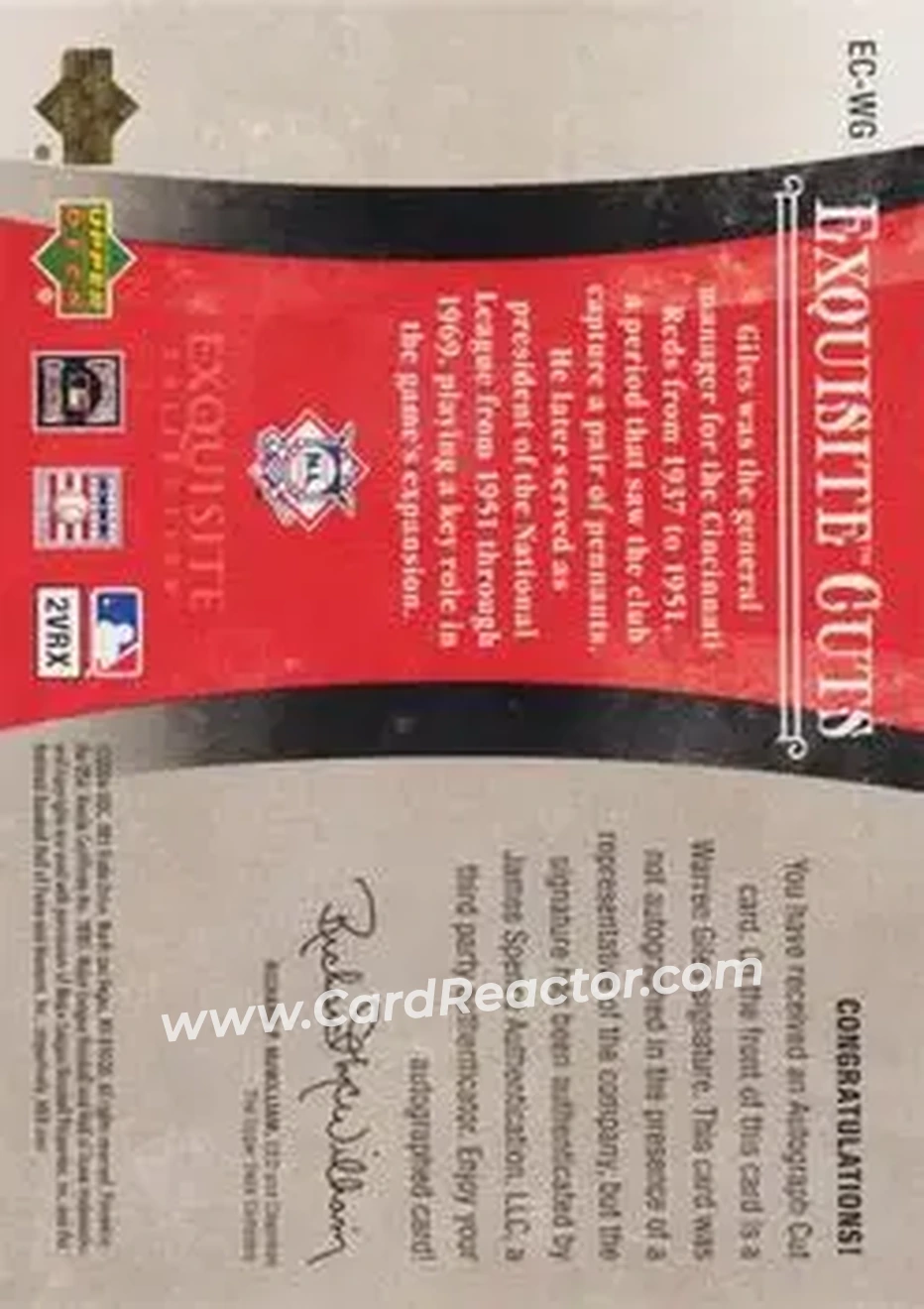 2006 Upper Deck Exquisite Collection - Exquisite Cuts #EC-WG - Warren Giles - Back