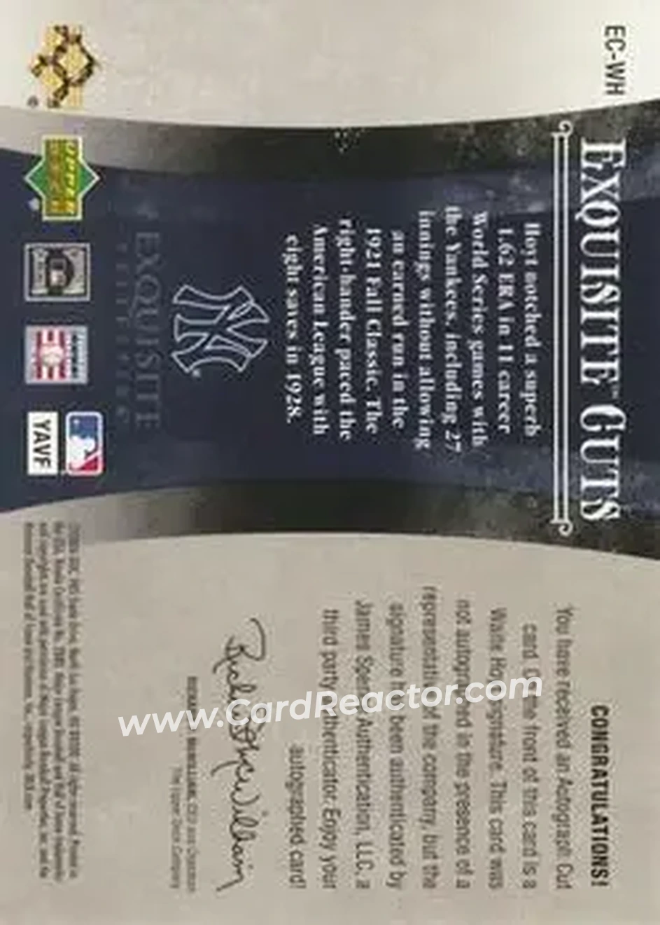 2006 Upper Deck Exquisite Collection - Exquisite Cuts #EC-WH - Waite Hoyt - New York Yankees - Back