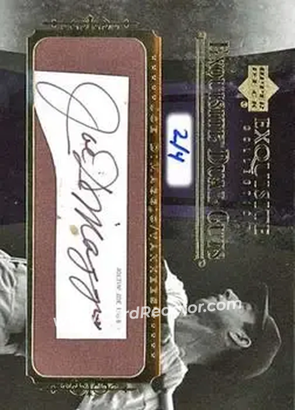 2006 Upper Deck Exquisite Collection - Exquisite Dual Cuts #EC2-3 - Joe DiMaggio - Lou Gehrig AU, CUT, SN4, EXCH - New York Yankees - New York Yankees - Front 2006 Upper Deck Exquisite Collection - Exquisite Dual Cuts #EC2-3 - Joe DiMaggio - Lou Gehrig AU, CUT, SN4, EXCH - New York Yankees - New York Yankees - Front