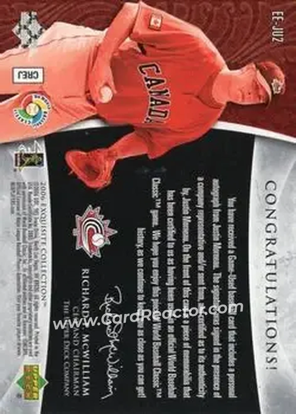2006 Upper Deck Exquisite Collection - Exquisite Endorsed Emblems #EE-JU2 - Justin Morneau - Canada - Back 2006 Upper Deck Exquisite Collection - Exquisite Endorsed Emblems #EE-JU2 - Justin Morneau - Canada - Back
