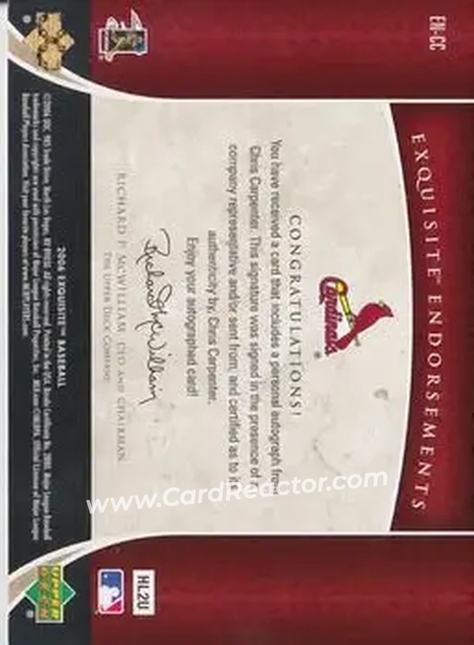 2006 Upper Deck Exquisite Collection - Exquisite Endorsements #EN-CC - Chris Carpenter - St. Louis Cardinals - Back 2006 Upper Deck Exquisite Collection - Exquisite Endorsements #EN-CC - Chris Carpenter - St. Louis Cardinals - Back