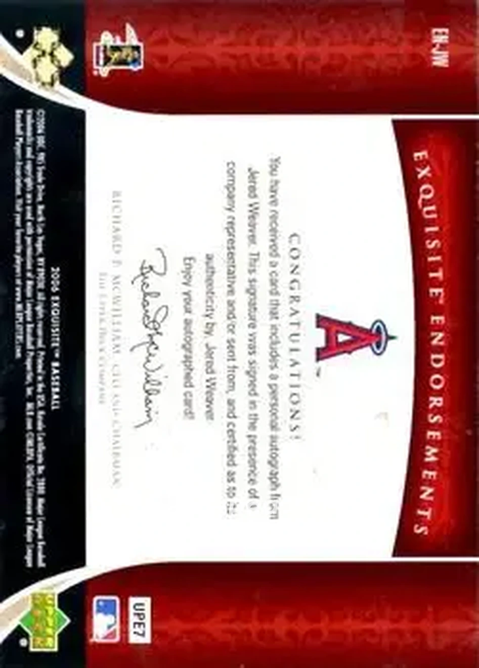 2006 Upper Deck Exquisite Collection - Exquisite Endorsements #EN-JW - Jered Weaver - Los Angeles Angels - Back