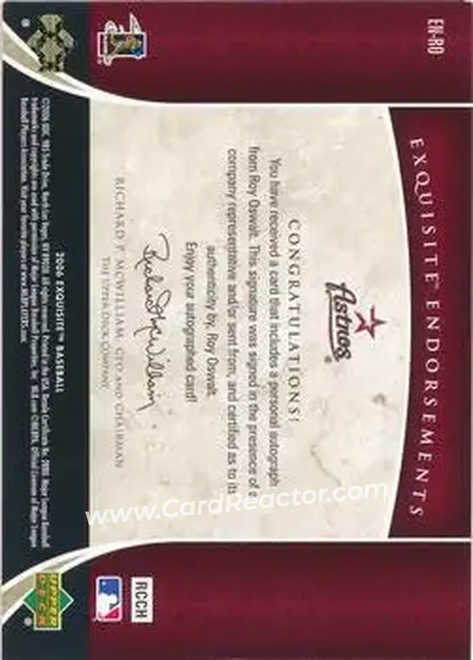 2006 Upper Deck Exquisite Collection - Exquisite Endorsements #EN-RO - Roy Oswalt - Houston Astros - Back