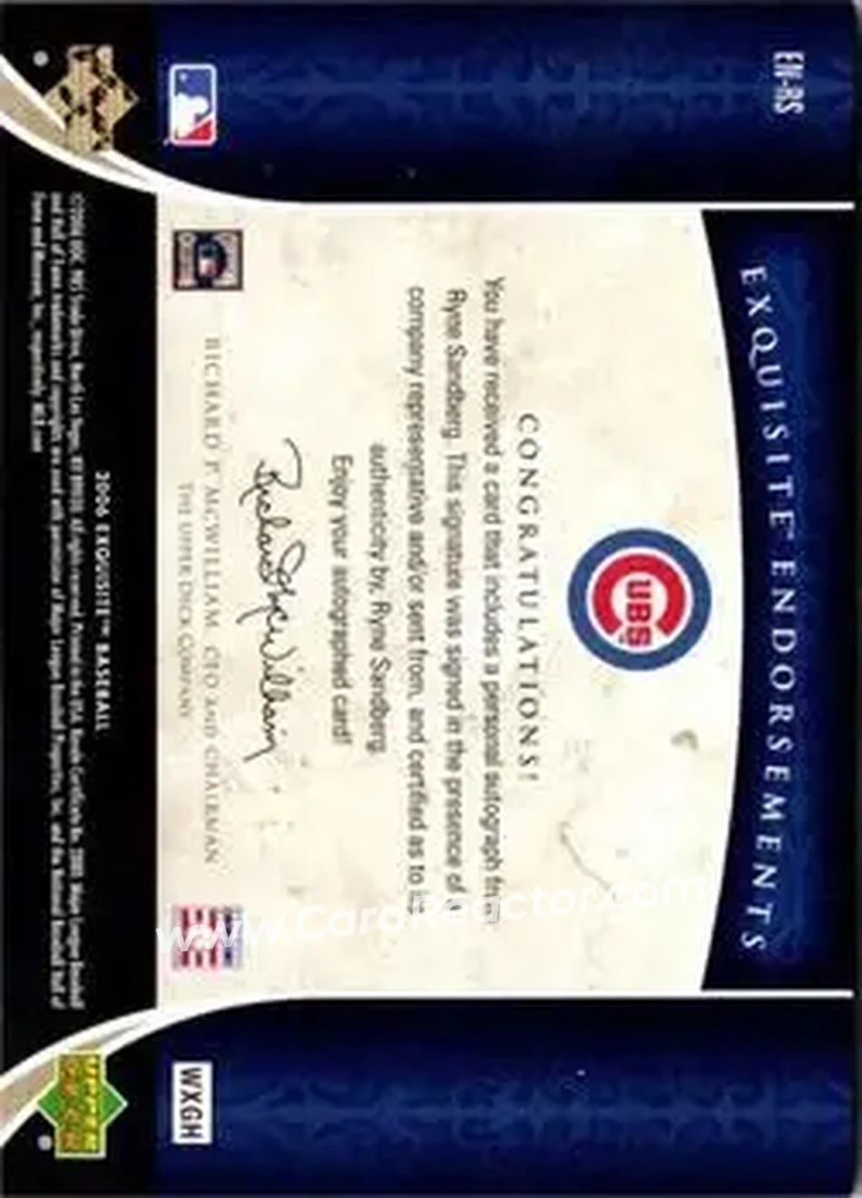 2006 Upper Deck Exquisite Collection - Exquisite Endorsements #EN-RS - Ryne Sandberg - Chicago Cubs - Back