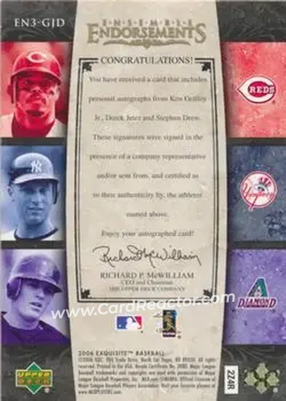 2006 Upper Deck Exquisite Collection - Ensemble Endorsements 3 #EN3-GJD - Ken Griffey Jr. - Derek Jeter - Stephen Drew AU, SN15, EXCH - Cincinnati Reds - New York Yankees - Arizona Diamondbacks - Back 2006 Upper Deck Exquisite Collection - Ensemble Endorsements 3 #EN3-GJD - Ken Griffey Jr. - Derek Jeter - Stephen Drew AU, SN15, EXCH - Cincinnati Reds - New York Yankees - Arizona Diamondbacks - Back