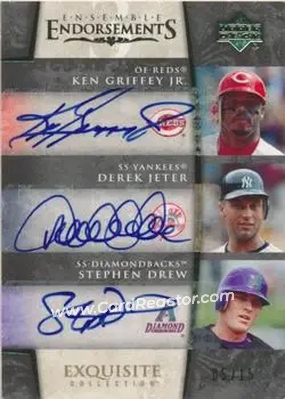 2006 Upper Deck Exquisite Collection - Ensemble Endorsements 3 #EN3-GJD - Ken Griffey Jr. - Derek Jeter - Stephen Drew AU, SN15, EXCH - Cincinnati Reds - New York Yankees - Arizona Diamondbacks - Front 2006 Upper Deck Exquisite Collection - Ensemble Endorsements 3 #EN3-GJD - Ken Griffey Jr. - Derek Jeter - Stephen Drew AU, SN15, EXCH - Cincinnati Reds - New York Yankees - Arizona Diamondbacks - Front
