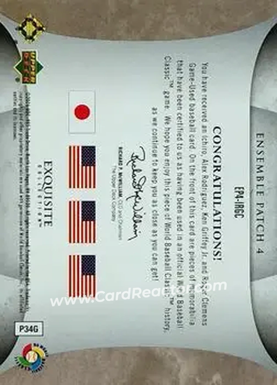 2006 Upper Deck Exquisite Collection - Ensemble Patches 4 #EP4-IRGC - Ichiro - Alex Rodriguez - Ken Griffey Jr. - Roger Clemens MEM, SN10, EXCH - Japan - USA - Back