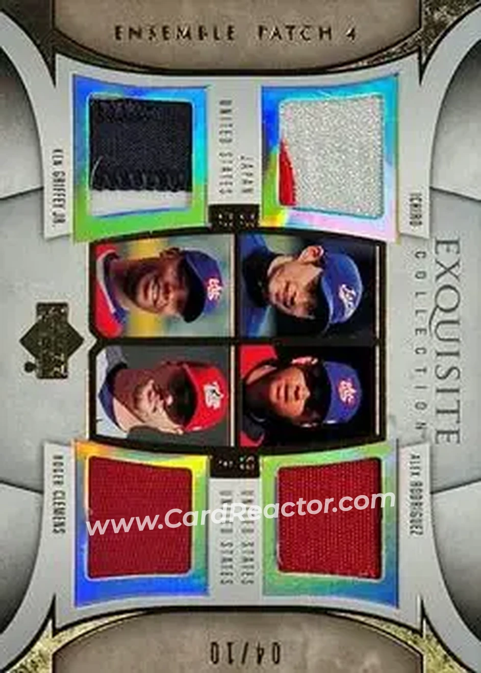 2006 Upper Deck Exquisite Collection - Ensemble Patches 4 #EP4-IRGC - Ichiro - Alex Rodriguez - Ken Griffey Jr. - Roger Clemens MEM, SN10, EXCH - Japan - USA - Front