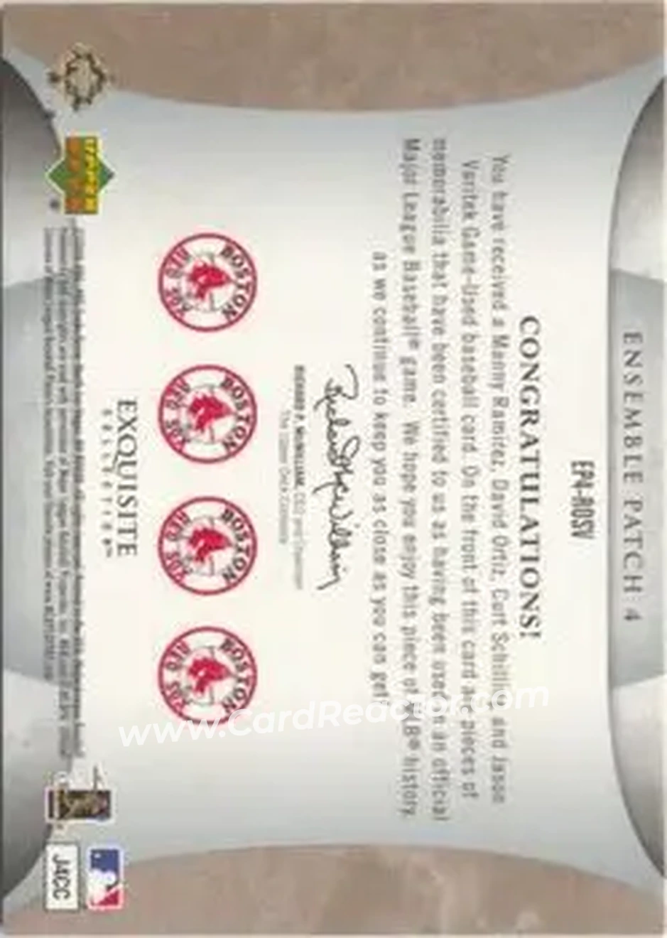 2006 Upper Deck Exquisite Collection - Ensemble Patches 4 #EP4-ROSV - Curt Schilling - Jason Varitek - David Ortiz - Manny Ramirez MEM, SN10, EXCH - Boston Red Sox - Boston Red Sox - Back 2006 Upper Deck Exquisite Collection - Ensemble Patches 4 #EP4-ROSV - Curt Schilling - Jason Varitek - David Ortiz - Manny Ramirez MEM, SN10, EXCH - Boston Red Sox - Boston Red Sox - Back
