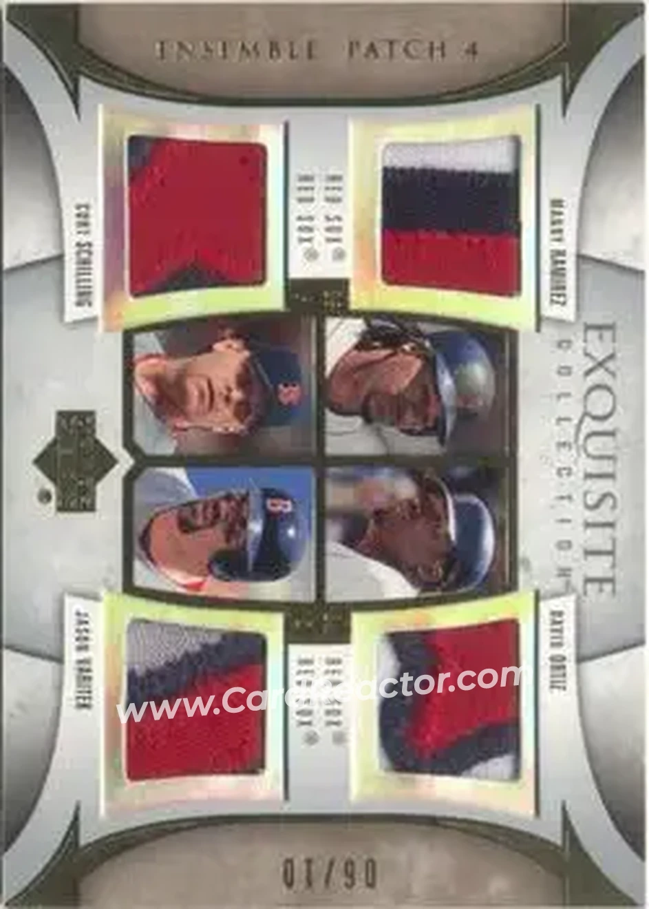 2006 Upper Deck Exquisite Collection - Ensemble Patches 4 #EP4-ROSV - Curt Schilling - Jason Varitek - David Ortiz - Manny Ramirez MEM, SN10, EXCH - Boston Red Sox - Boston Red Sox - Front 2006 Upper Deck Exquisite Collection - Ensemble Patches 4 #EP4-ROSV - Curt Schilling - Jason Varitek - David Ortiz - Manny Ramirez MEM, SN10, EXCH - Boston Red Sox - Boston Red Sox - Front