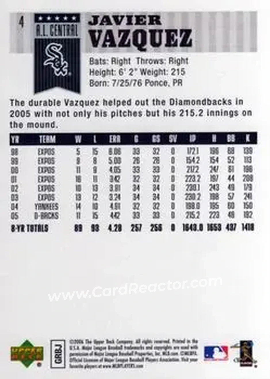 2006 Upper Deck First Pitch #4 - Javier Vazquez - Chicago White Sox - Back