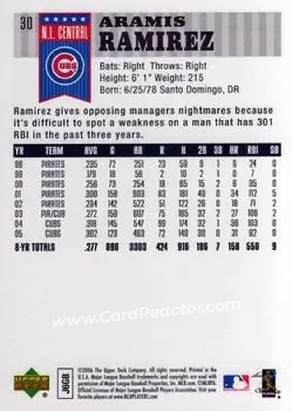 2006 Upper Deck First Pitch #30 - Aramis Ramirez - Chicago Cubs - Back 2006 Upper Deck First Pitch #30 - Aramis Ramirez - Chicago Cubs - Back