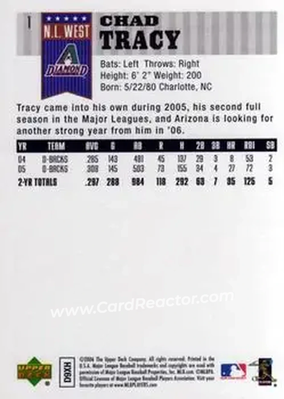 2006 Upper Deck First Pitch #1 - Chad Tracy - Arizona Diamondbacks - Back