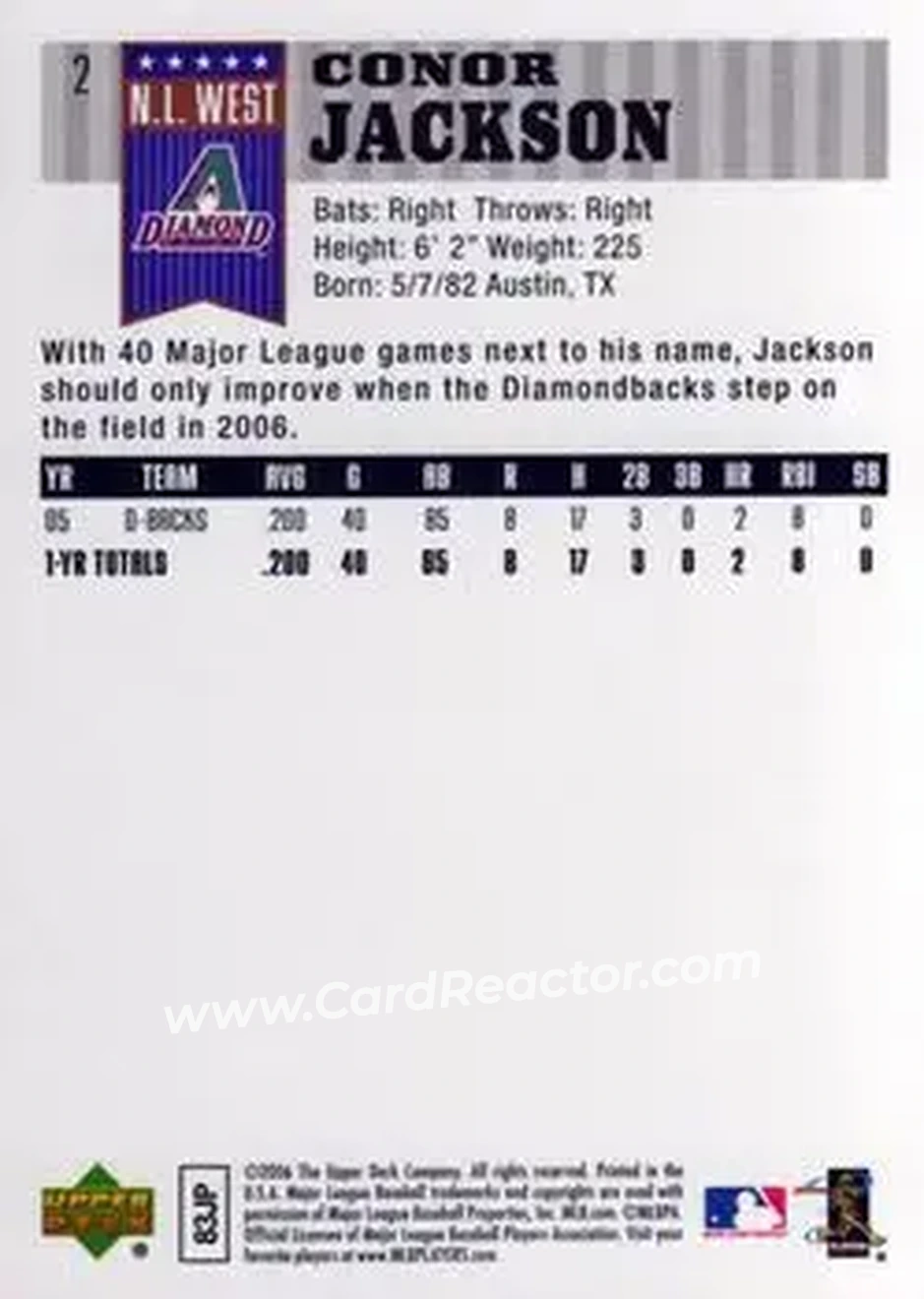 2006 Upper Deck First Pitch #2 - Conor Jackson - Arizona Diamondbacks - Back 2006 Upper Deck First Pitch #2 - Conor Jackson - Arizona Diamondbacks - Back