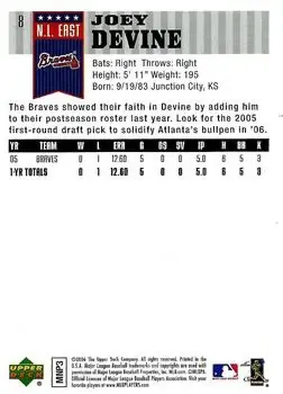 2006 Upper Deck First Pitch #8 - Joey Devine - Atlanta Braves - Back 2006 Upper Deck First Pitch #8 - Joey Devine - Atlanta Braves - Back