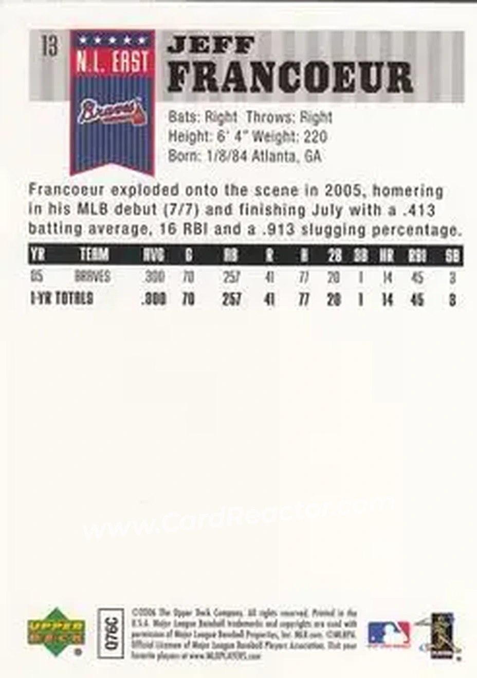 2006 Upper Deck First Pitch #13 - Jeff Francoeur - Atlanta Braves - Back 2006 Upper Deck First Pitch #13 - Jeff Francoeur - Atlanta Braves - Back