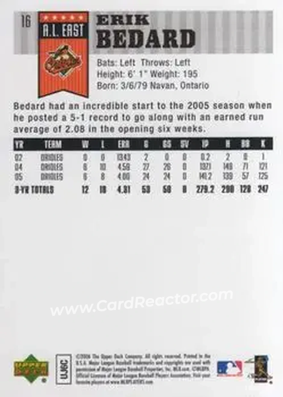 2006 Upper Deck First Pitch #16 - Erik Bedard - Baltimore Orioles - Back 2006 Upper Deck First Pitch #16 - Erik Bedard - Baltimore Orioles - Back