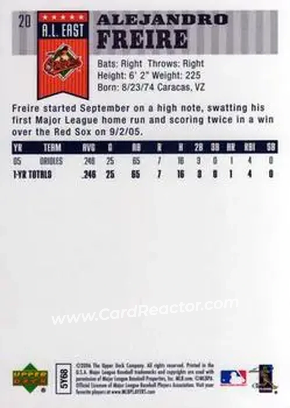 2006 Upper Deck First Pitch #20 - Alejandro Freire - Baltimore Orioles - Back 2006 Upper Deck First Pitch #20 - Alejandro Freire - Baltimore Orioles - Back