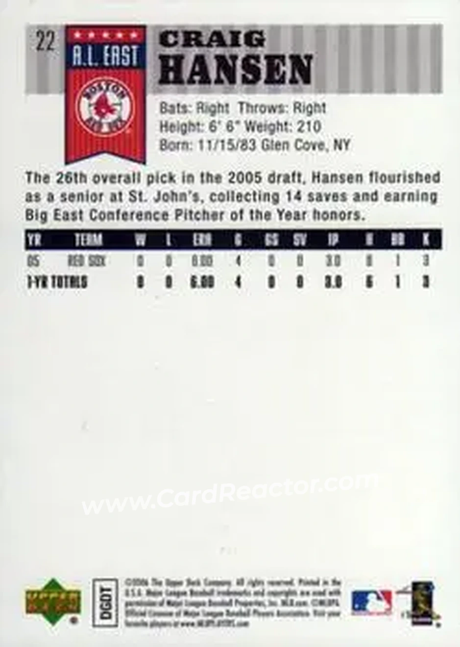 2006 Upper Deck First Pitch #22 - Craig Hansen - Boston Red Sox - Back 2006 Upper Deck First Pitch #22 - Craig Hansen - Boston Red Sox - Back
