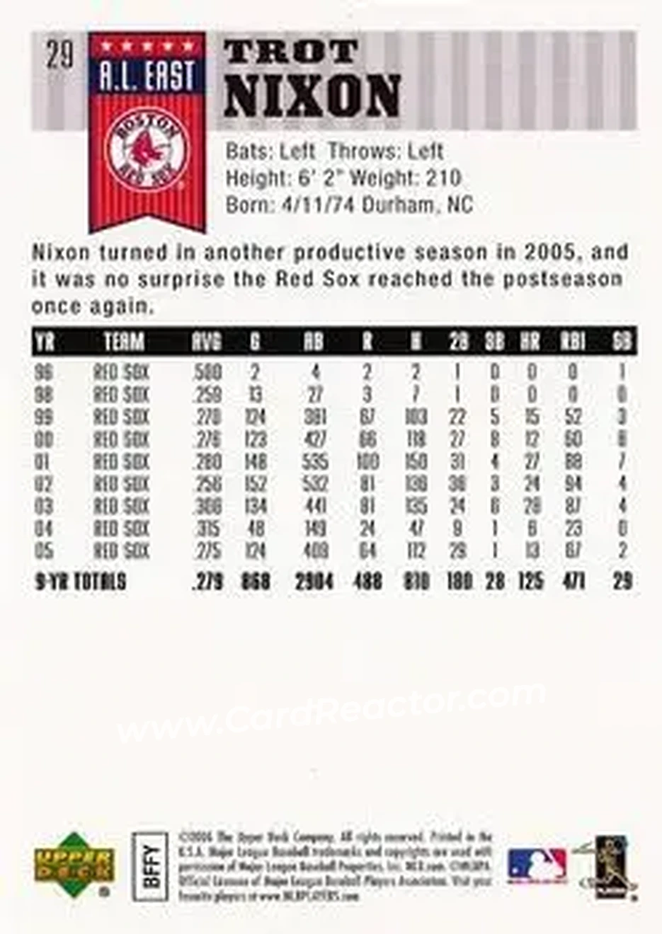 2006 Upper Deck First Pitch #29 - Trot Nixon - Boston Red Sox - Back 2006 Upper Deck First Pitch #29 - Trot Nixon - Boston Red Sox - Back