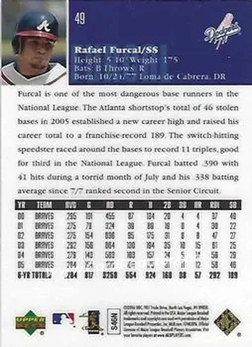2006 Upper Deck Special F/X #49 - Rafael Furcal - Los Angeles Dodgers - Back 2006 Upper Deck Special F/X #49 - Rafael Furcal - Los Angeles Dodgers - Back