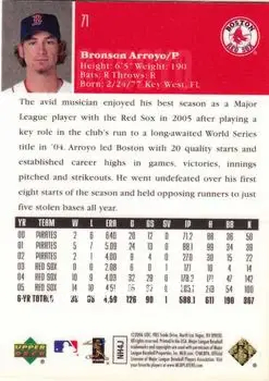 2006 Upper Deck Special F/X #71 - Bronson Arroyo - Boston Red Sox - Back 2006 Upper Deck Special F/X #71 - Bronson Arroyo - Boston Red Sox - Back