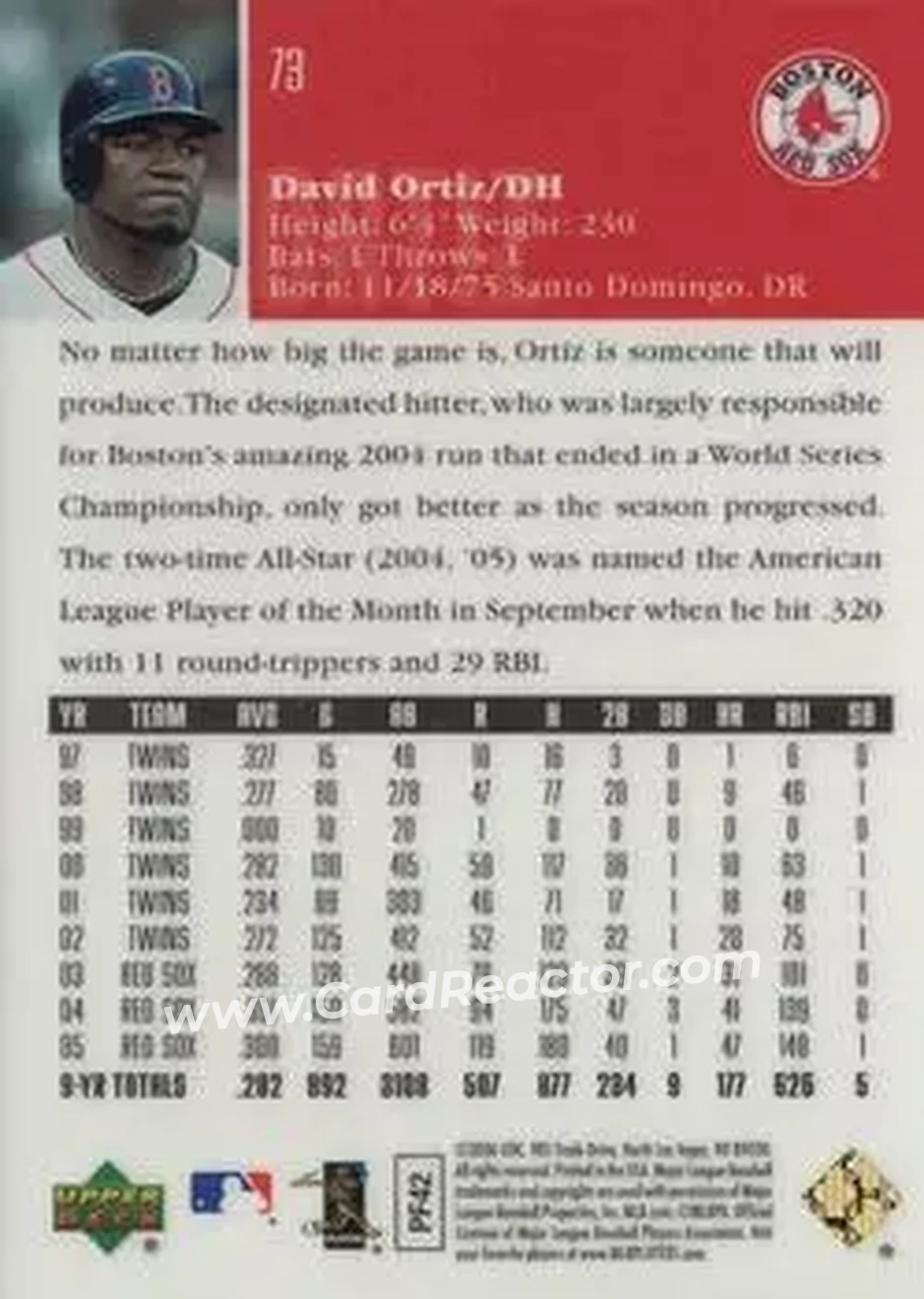 2006 Upper Deck Special F/X #73 - David Ortiz - Boston Red Sox - Back