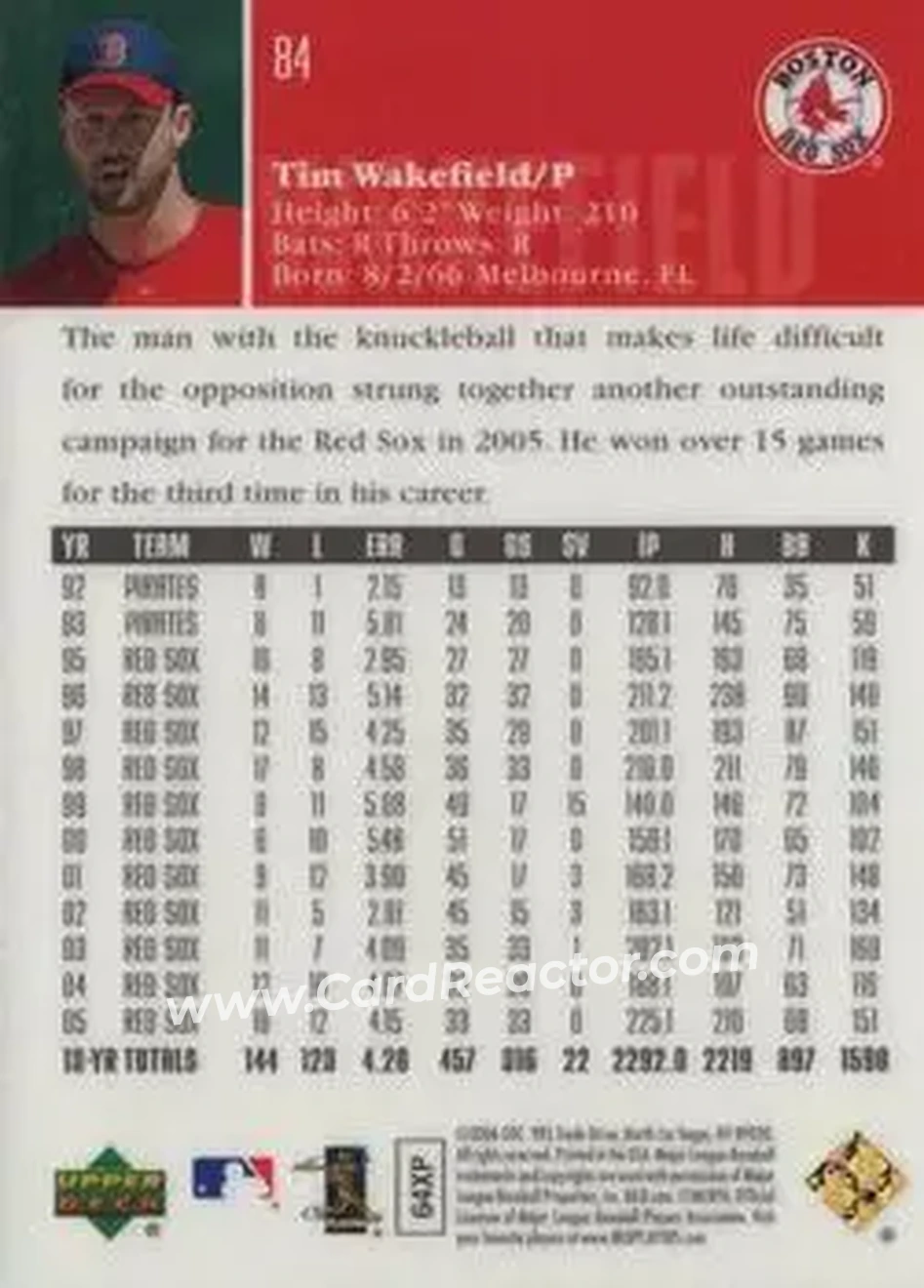 2006 Upper Deck Special F/X #84 - Tim Wakefield - Boston Red Sox - Back 2006 Upper Deck Special F/X #84 - Tim Wakefield - Boston Red Sox - Back