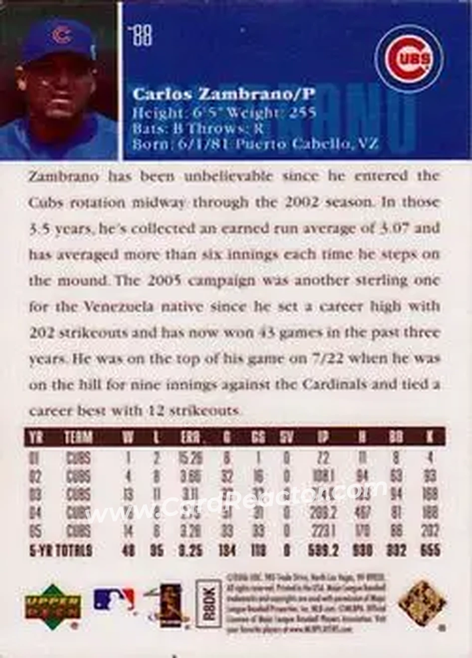 2006 Upper Deck Special F/X #88 - Carlos Zambrano - Chicago Cubs - Back 2006 Upper Deck Special F/X #88 - Carlos Zambrano - Chicago Cubs - Back