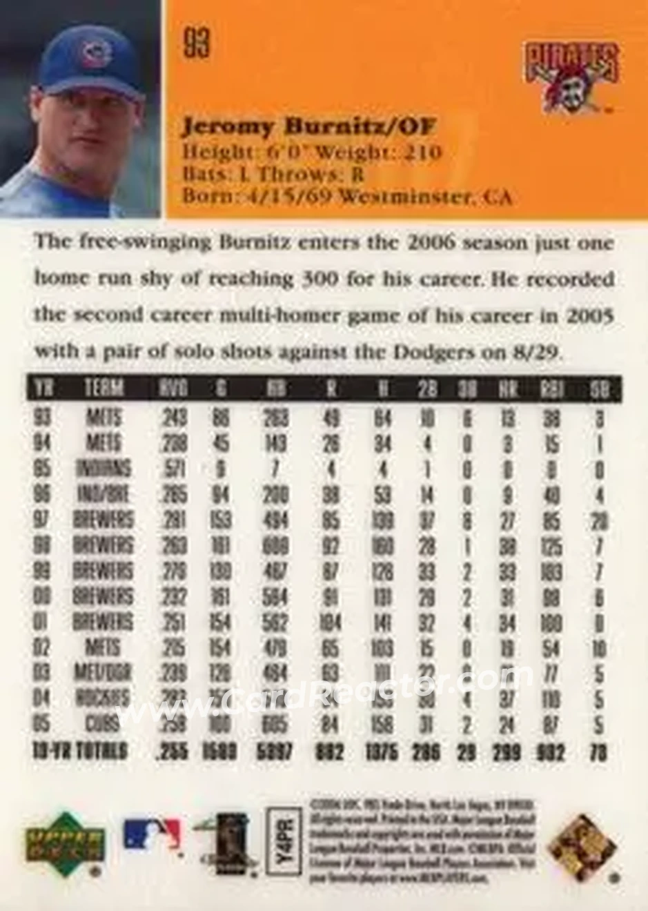 2006 Upper Deck Special F/X #93 - Jeromy Burnitz - Pittsburgh Pirates - Back 2006 Upper Deck Special F/X #93 - Jeromy Burnitz - Pittsburgh Pirates - Back