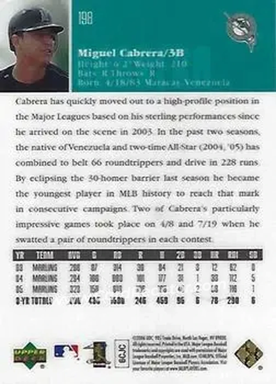 2006 Upper Deck Special F/X #198 - Miguel Cabrera - Florida Marlins - Back 2006 Upper Deck Special F/X #198 - Miguel Cabrera - Florida Marlins - Back