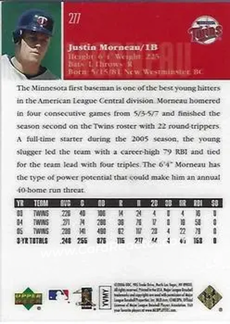 2006 Upper Deck Special F/X #277 - Justin Morneau - Minnesota Twins - Back 2006 Upper Deck Special F/X #277 - Justin Morneau - Minnesota Twins - Back