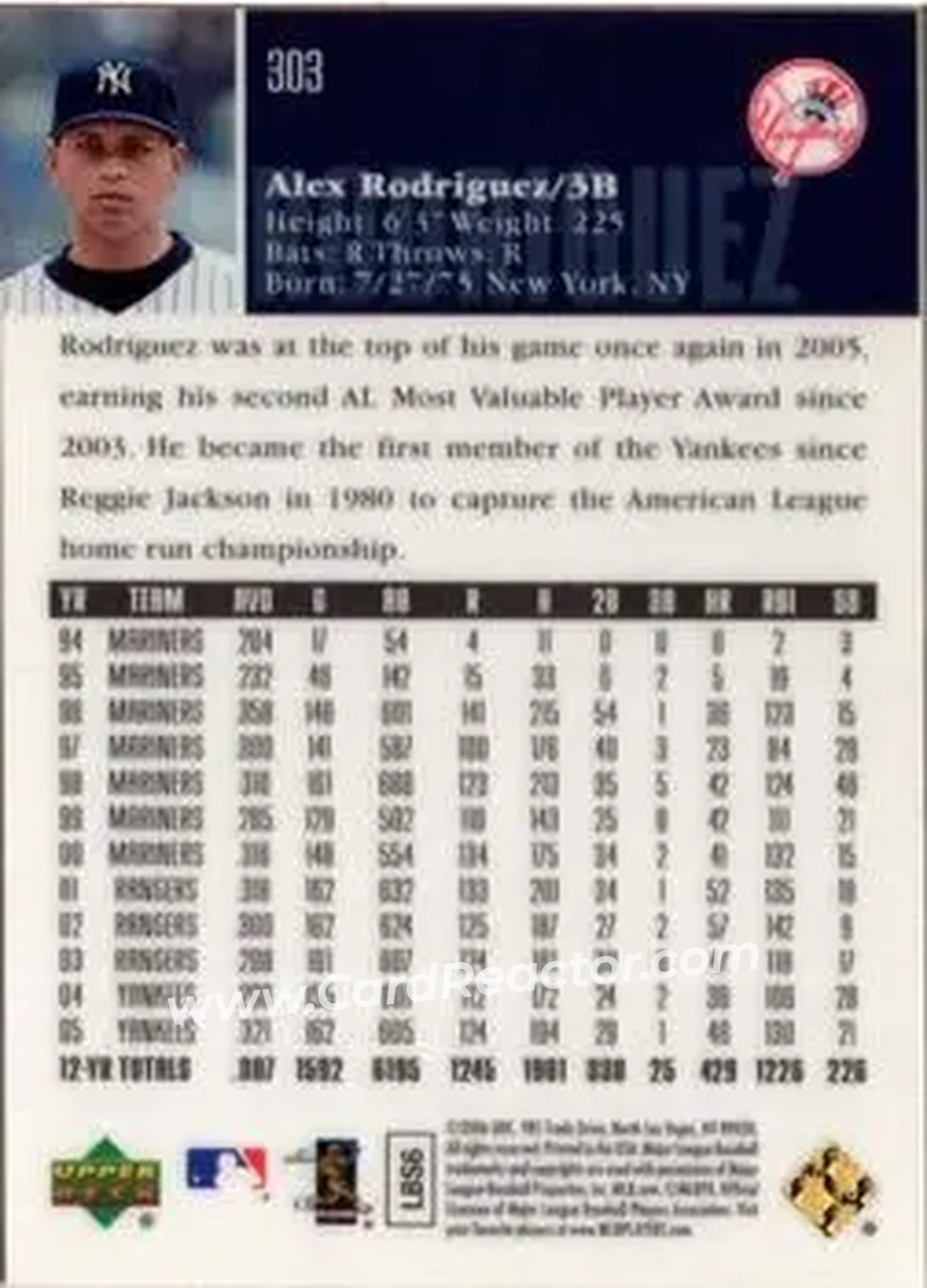 2006 Upper Deck Special F/X #303 - Alex Rodriguez - New York Yankees - Back 2006 Upper Deck Special F/X #303 - Alex Rodriguez - New York Yankees - Back