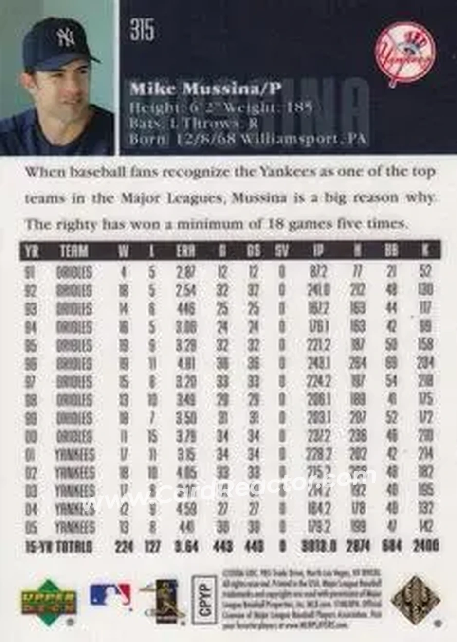 2006 Upper Deck Special F/X #315 - Mike Mussina - New York Yankees - Back 2006 Upper Deck Special F/X #315 - Mike Mussina - New York Yankees - Back