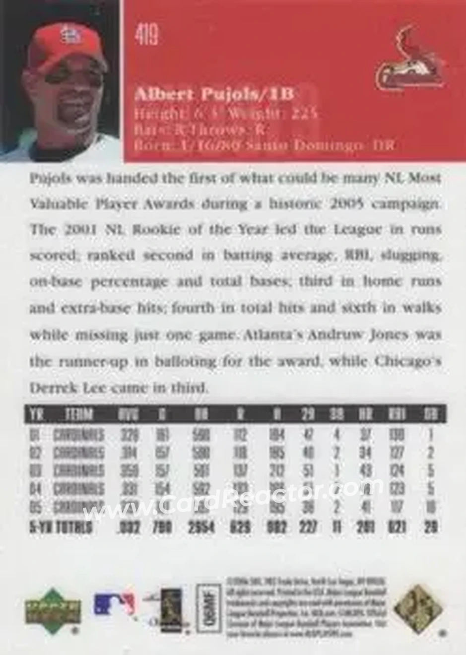 2006 Upper Deck Special F/X #419 - Albert Pujols - St. Louis Cardinals - Back 2006 Upper Deck Special F/X #419 - Albert Pujols - St. Louis Cardinals - Back
