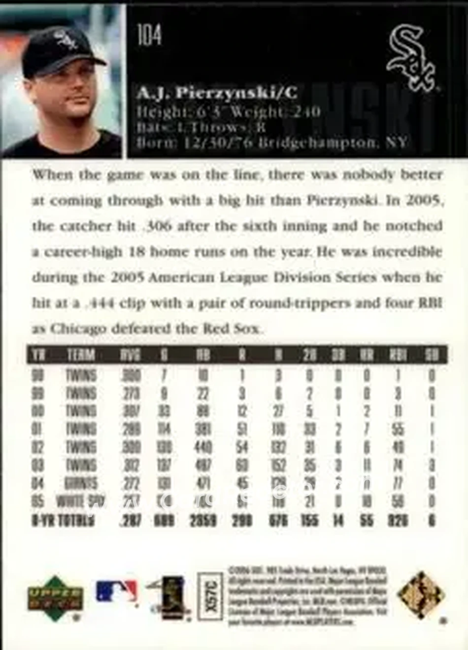 2006 Upper Deck Special F/X #104 - A.J. Pierzynski - Chicago White Sox - Back