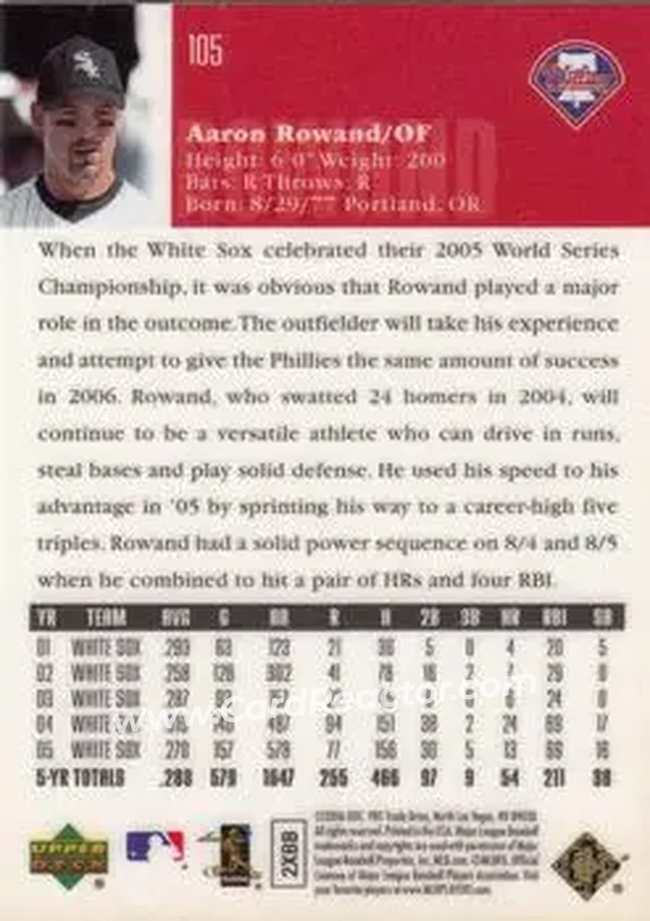 2006 Upper Deck Special F/X #105 - Aaron Rowand - Philadelphia Phillies - Back
