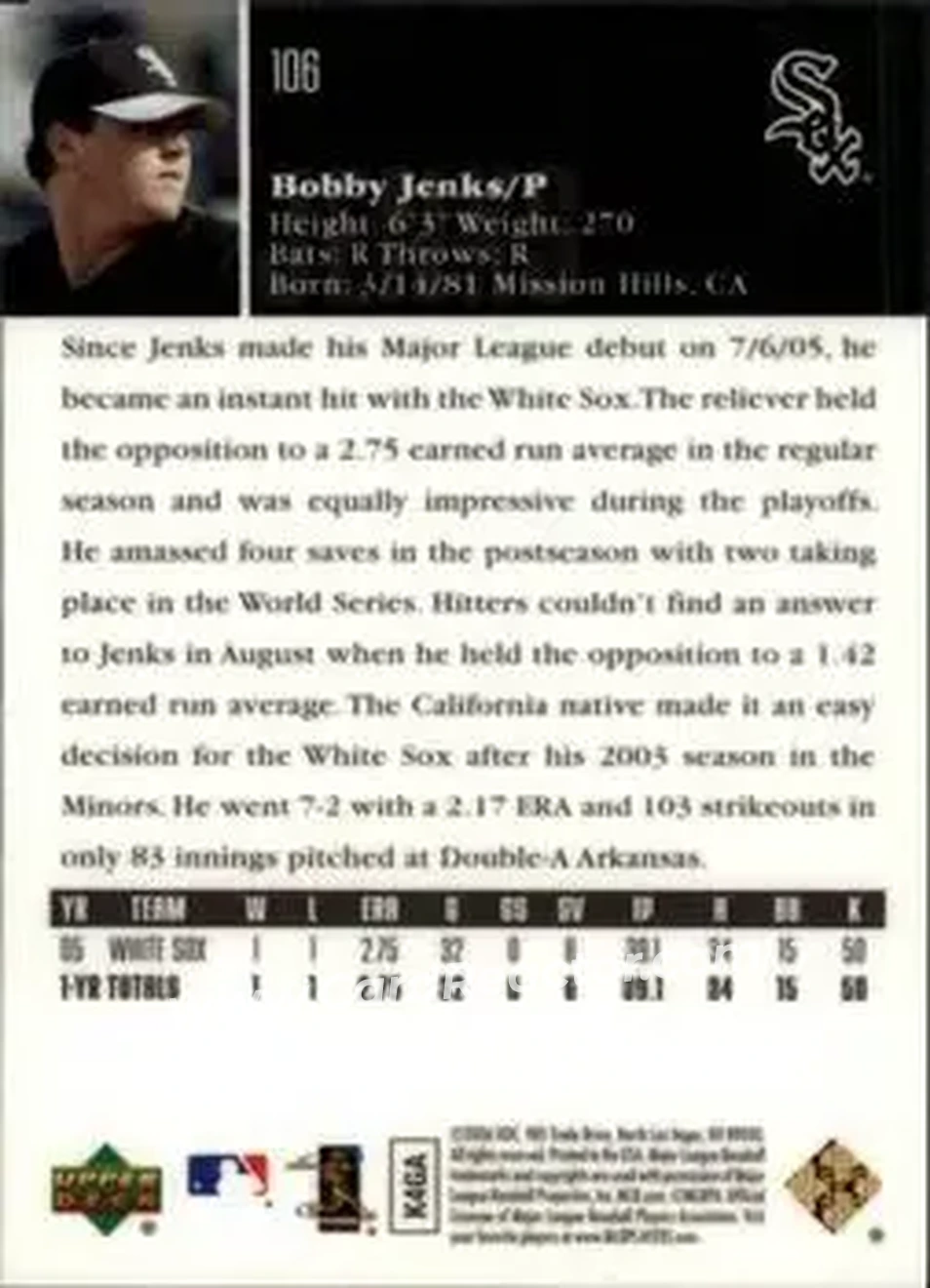 2006 Upper Deck Special F/X #106 - Bobby Jenks - Chicago White Sox - Back 2006 Upper Deck Special F/X #106 - Bobby Jenks - Chicago White Sox - Back