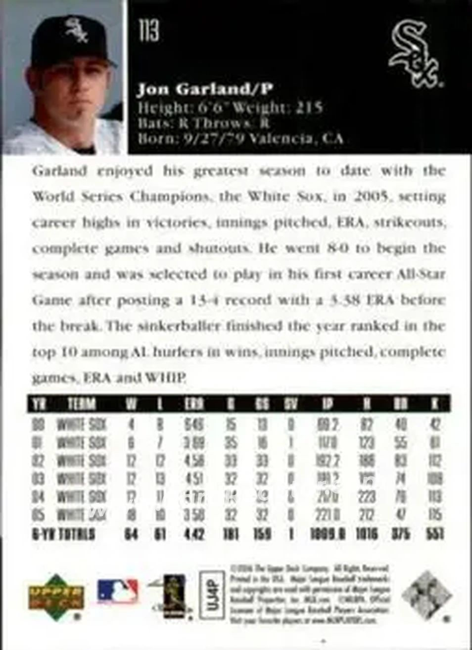 2006 Upper Deck Special F/X #113 - Jon Garland - Chicago White Sox - Back 2006 Upper Deck Special F/X #113 - Jon Garland - Chicago White Sox - Back