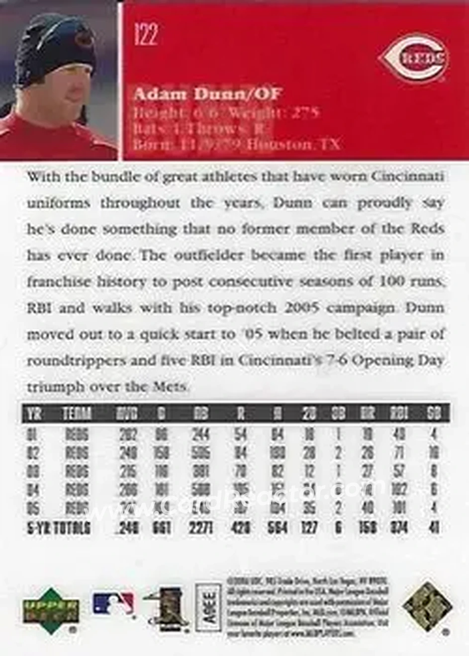 2006 Upper Deck Special F/X #122 - Adam Dunn - Cincinnati Reds - Back 2006 Upper Deck Special F/X #122 - Adam Dunn - Cincinnati Reds - Back