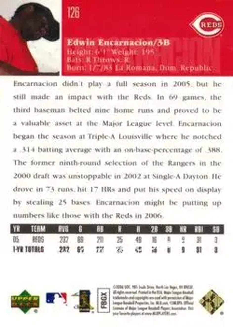 2006 Upper Deck Special F/X #126 - Edwin Encarnacion - Cincinnati Reds - Back 2006 Upper Deck Special F/X #126 - Edwin Encarnacion - Cincinnati Reds - Back