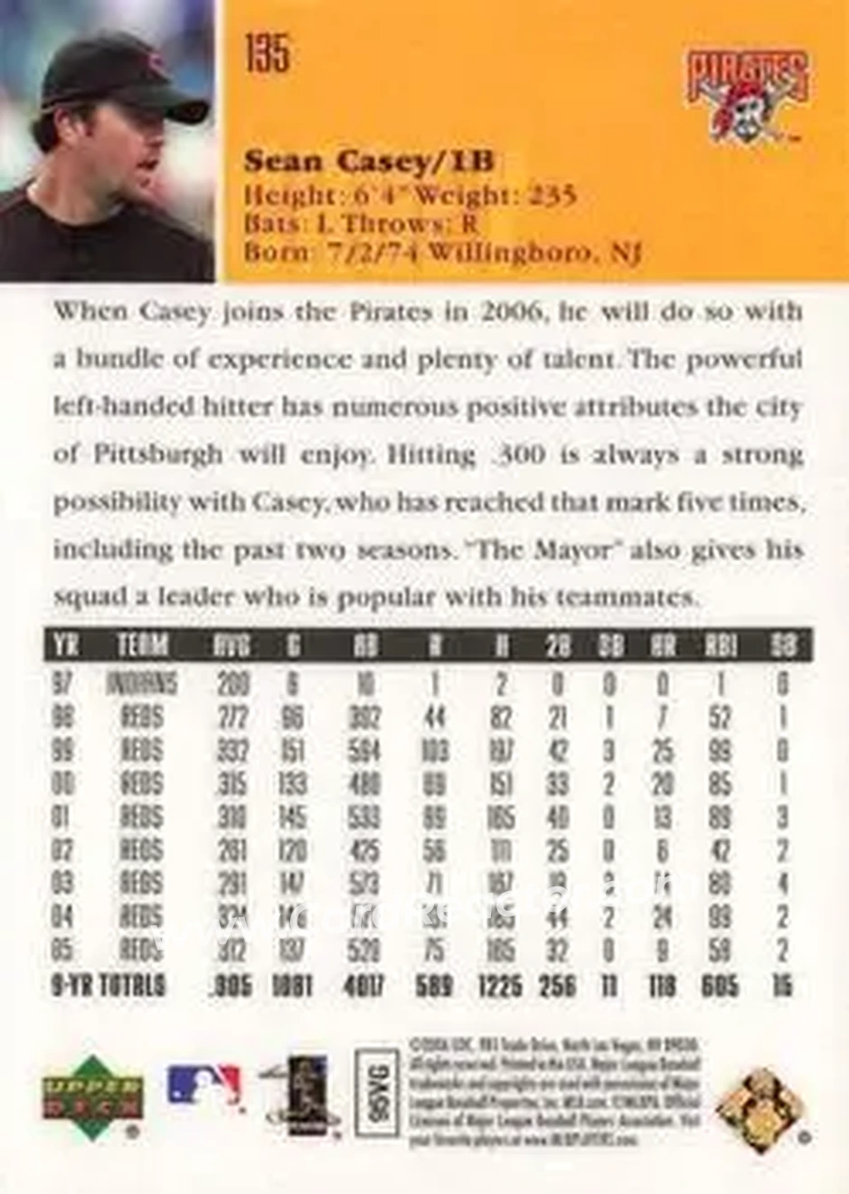 2006 Upper Deck Special F/X #135 - Sean Casey - Pittsburgh Pirates - Back
